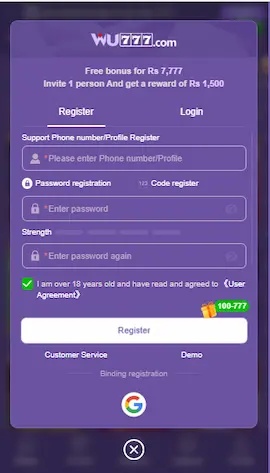 WU777 Game Apk registration screen with mobile number and password options for registering